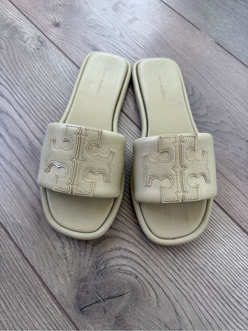 Tory Burch Light Beige Leather Slide Sandals with Signature Logo